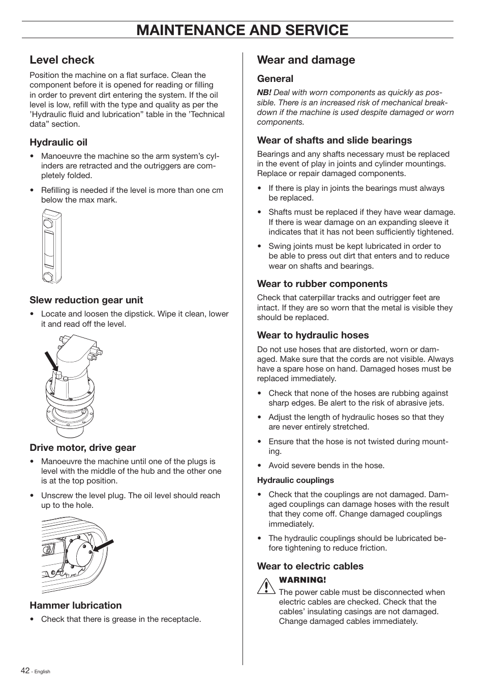 Maintenance and service, Level check, Wear and damage | Husqvarna DXR-310 User Manual | Page 42 / 60
