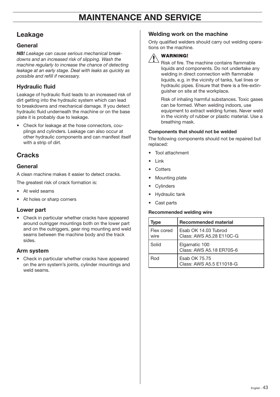 Maintenance and service, Leakage, Cracks | Husqvarna DXR-310 User Manual | Page 43 / 60