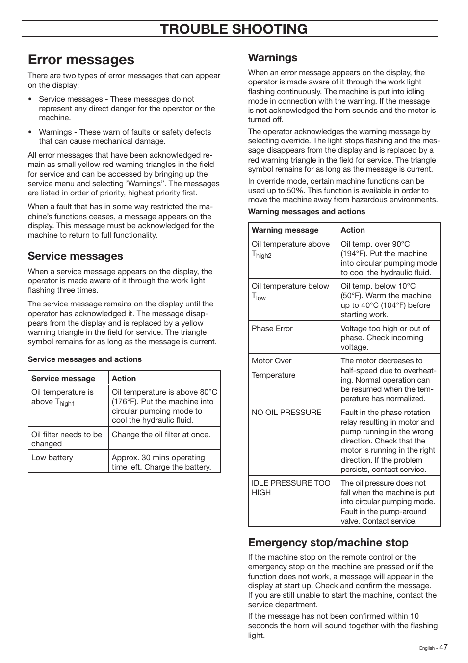 Trouble shooting, Trouble shooting error messages, Service messages | Warnings, Emergency stop/machine stop | Husqvarna DXR-310 User Manual | Page 47 / 60