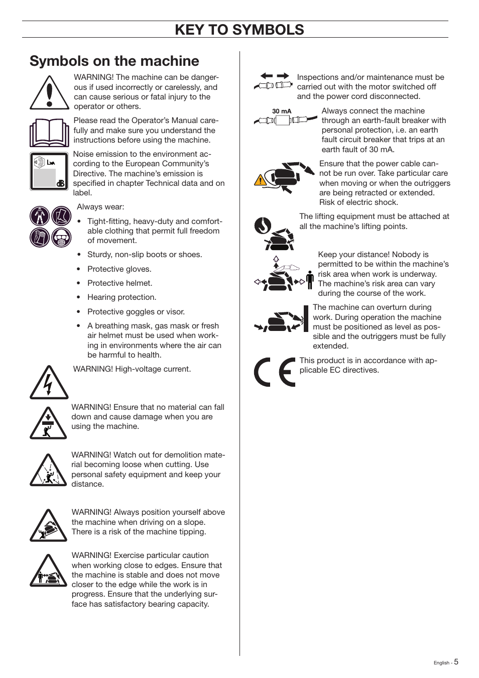 Key to symbols, Symbols on the machine | Husqvarna DXR-310 User Manual | Page 5 / 60