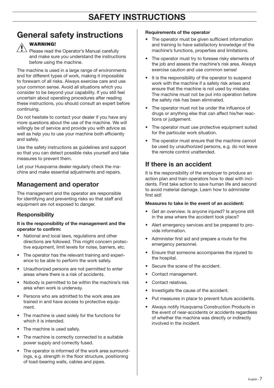 General safety instructions, Safety instructions, Management and operator | If there is an accident | Husqvarna DXR-310 User Manual | Page 7 / 60