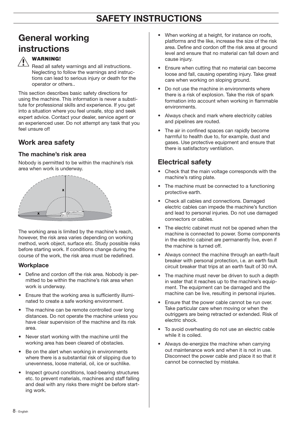 Safety instructions general working instructions, Work area safety, Electrical safety | Husqvarna DXR-310 User Manual | Page 8 / 60