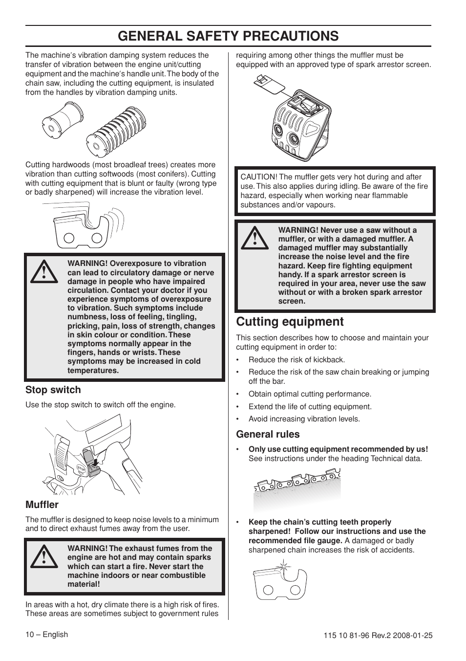 Stop switch, Muffler, Cutting equipment | General rules, General safety precautions | Husqvarna 445 EPA II User Manual | Page 10 / 88