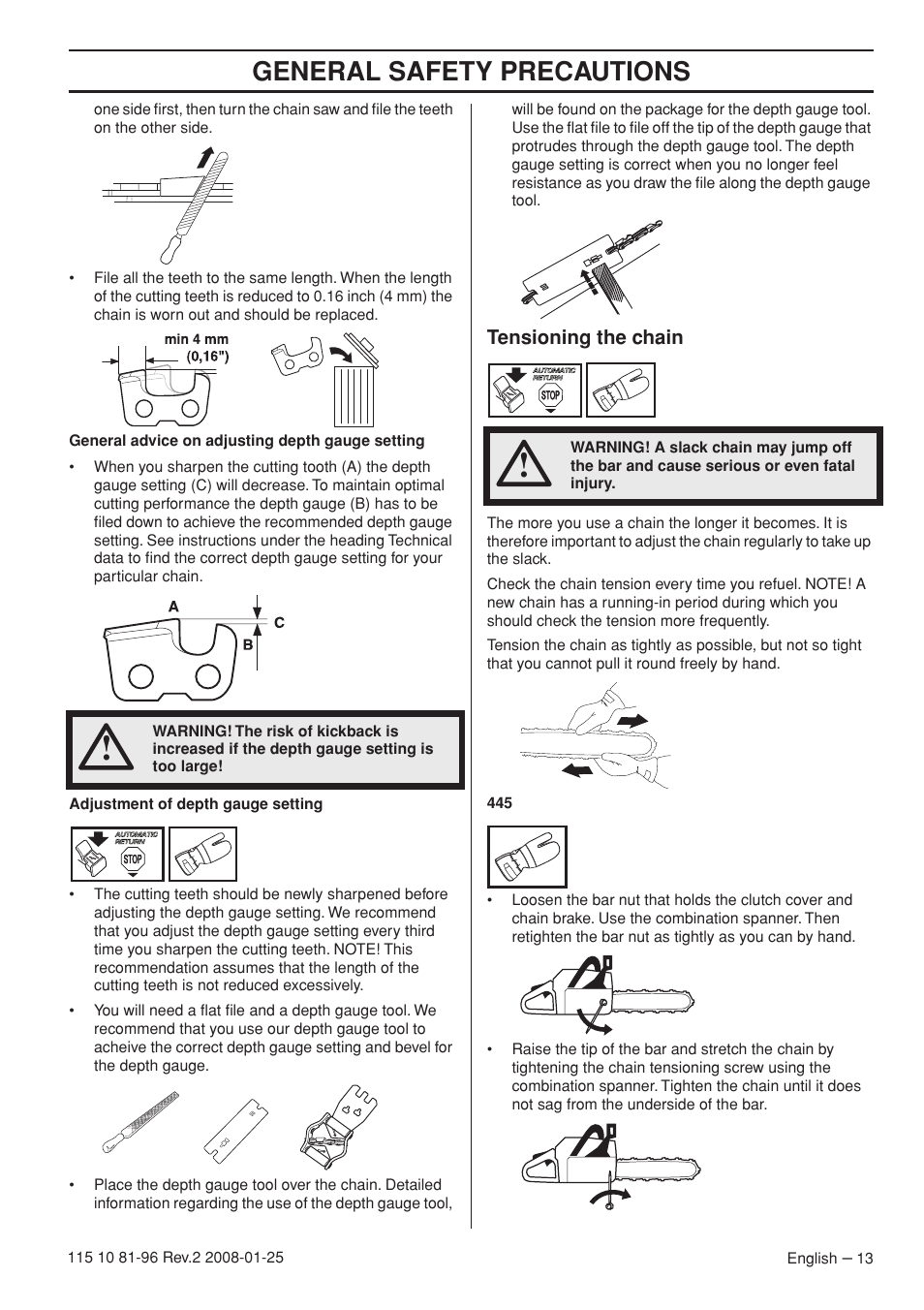 Tensioning the chain, General safety precautions | Husqvarna 445 EPA II User Manual | Page 13 / 88