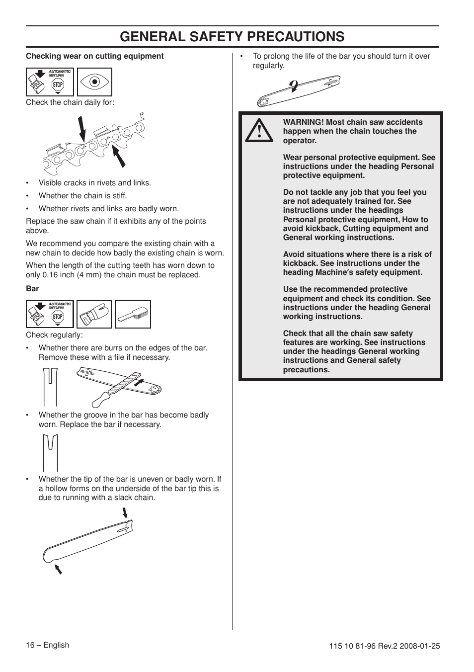 General safety precautions | Husqvarna 445 EPA II User Manual | Page 16 / 88