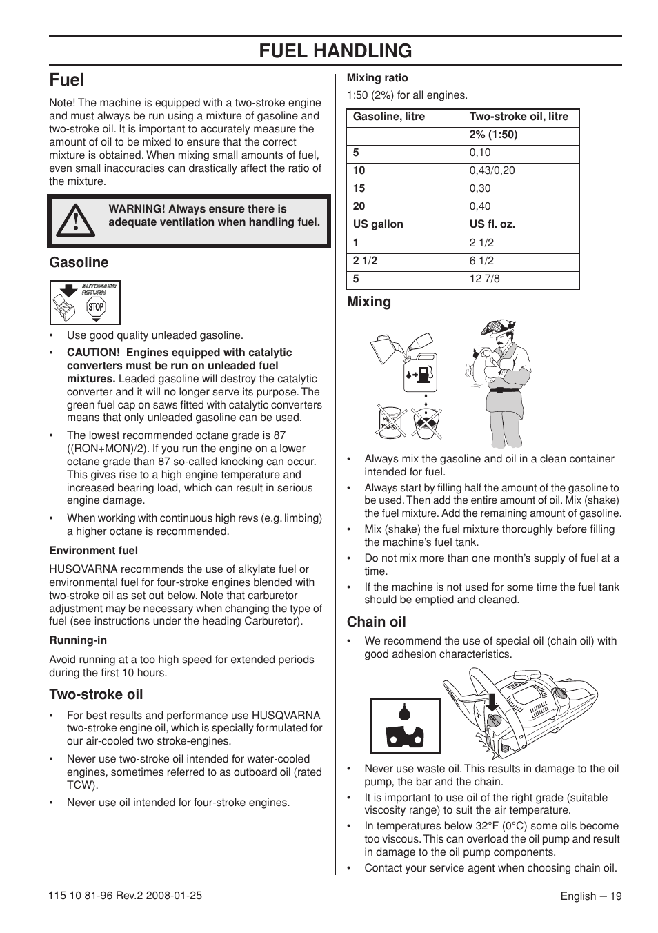 Fuel, Gasoline, Two-stroke oil | Mixing, Chain oil, Fuel handling | Husqvarna 445 EPA II User Manual | Page 19 / 88