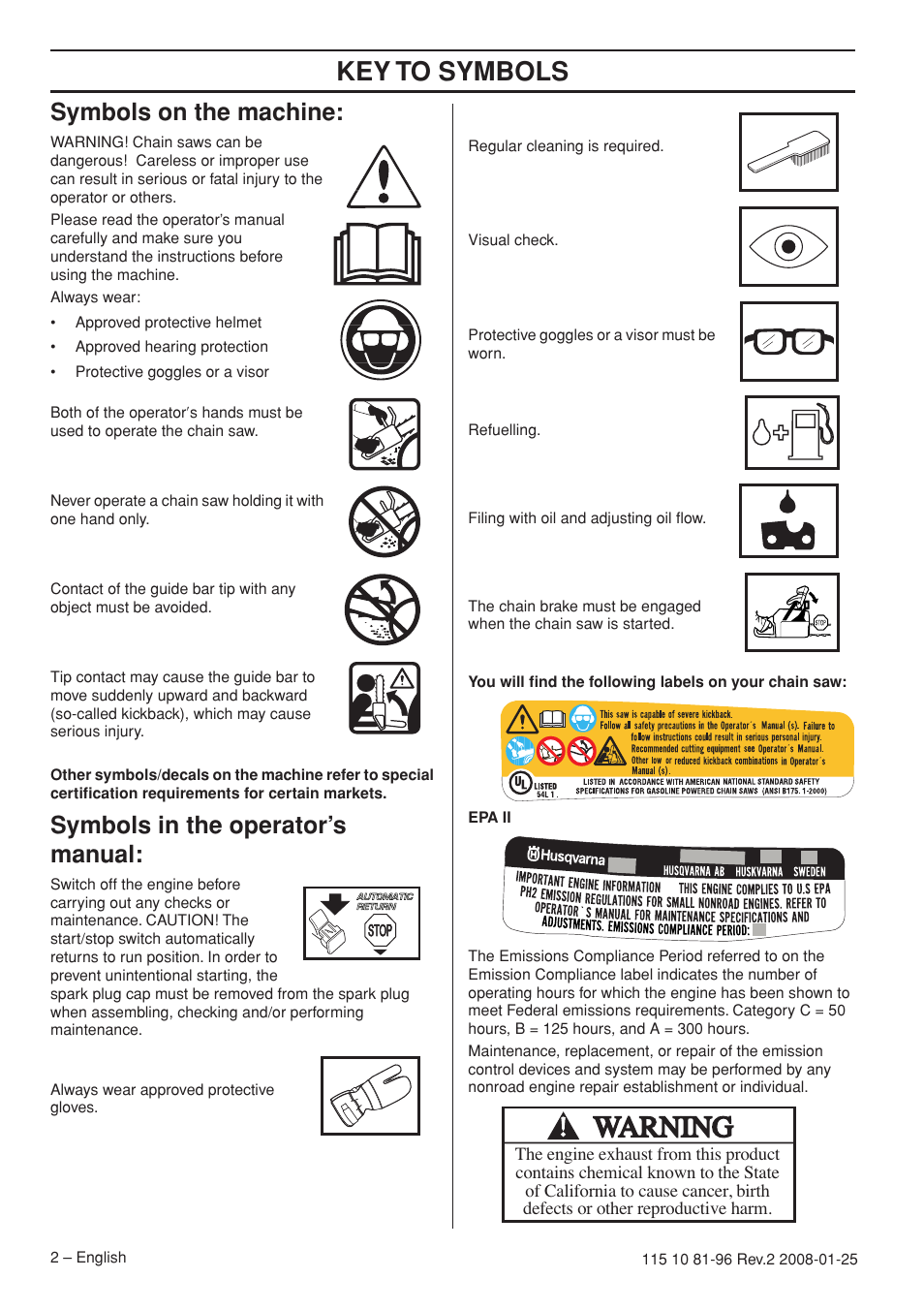 Symbols on the machine, Symbols in the operator’s manual, Key t o symbols | Symbols on the mac hine, Symbols in the operator’ s manual | Husqvarna 445 EPA II User Manual | Page 2 / 88