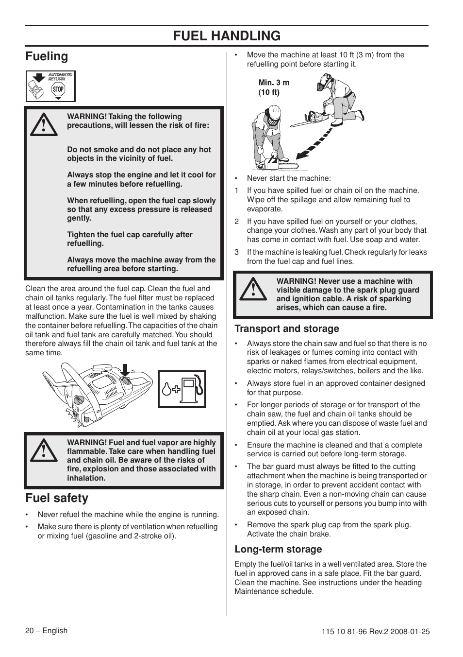 Fueling, Fuel safety, Transport and storage | Long-term storage, Fuel handling | Husqvarna 445 EPA II User Manual | Page 20 / 88