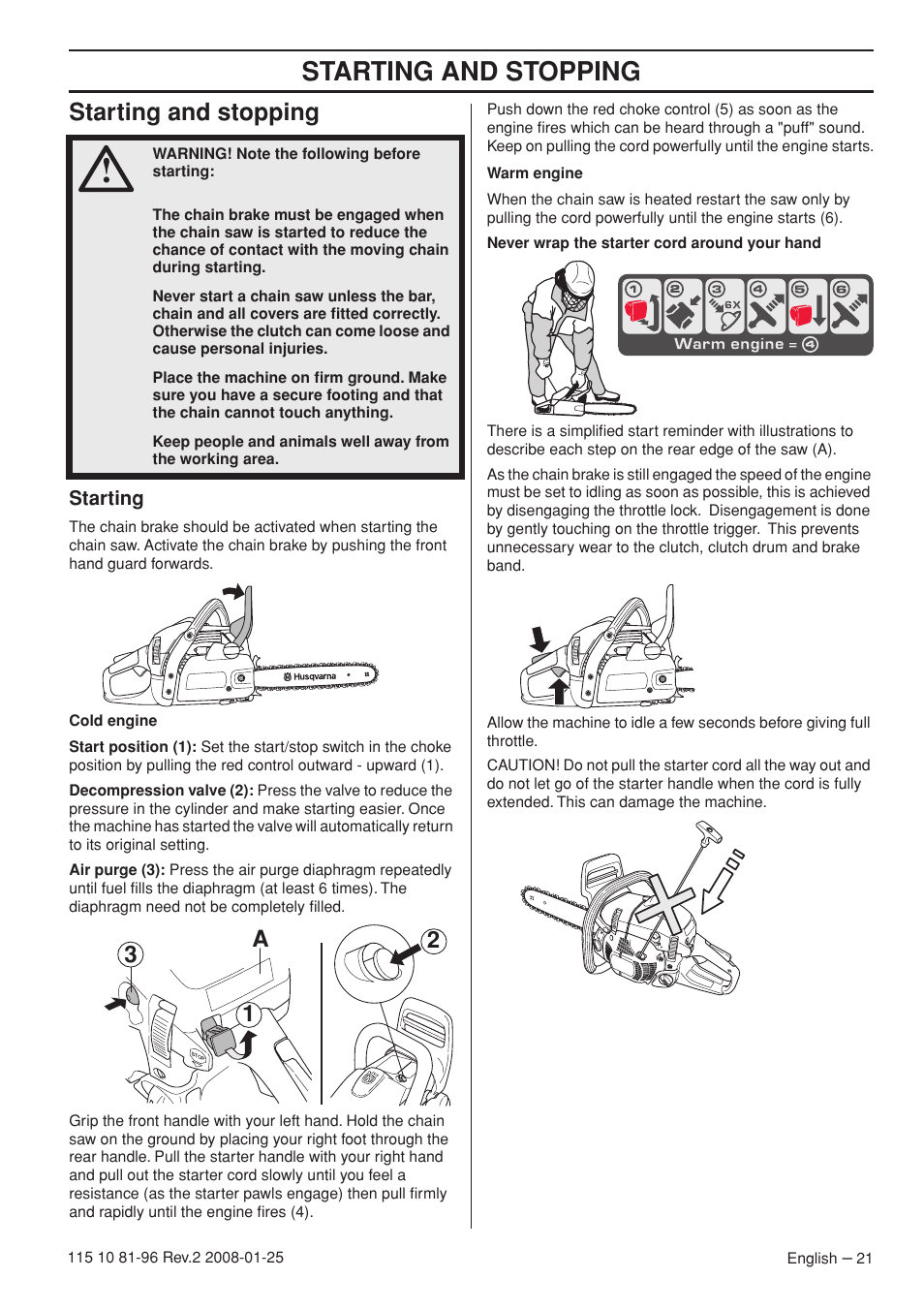Starting and stopping, Starting, 2a 3 1 | Husqvarna 445 EPA II User Manual | Page 21 / 88