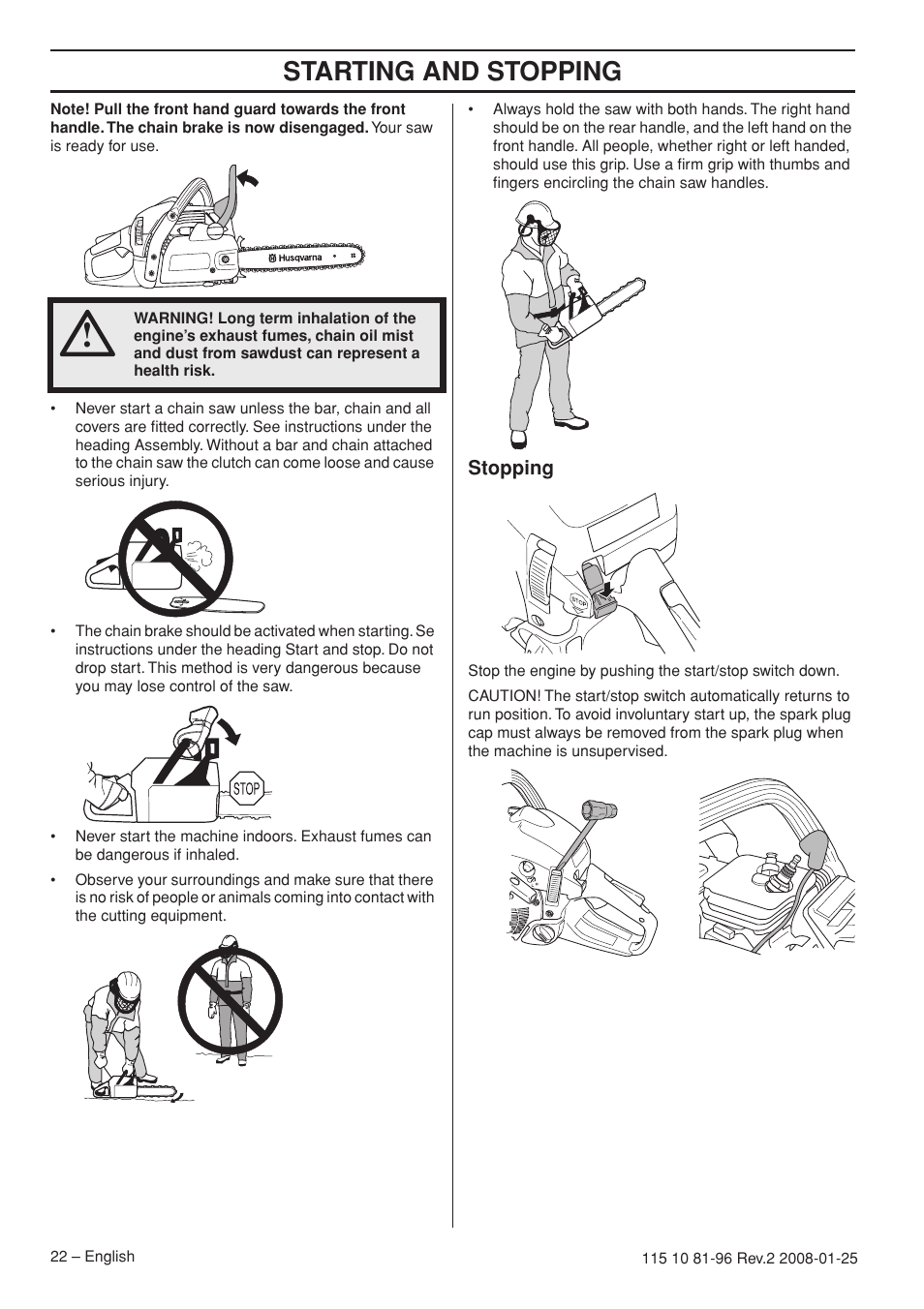 Stopping, Starting and stopping | Husqvarna 445 EPA II User Manual | Page 22 / 88