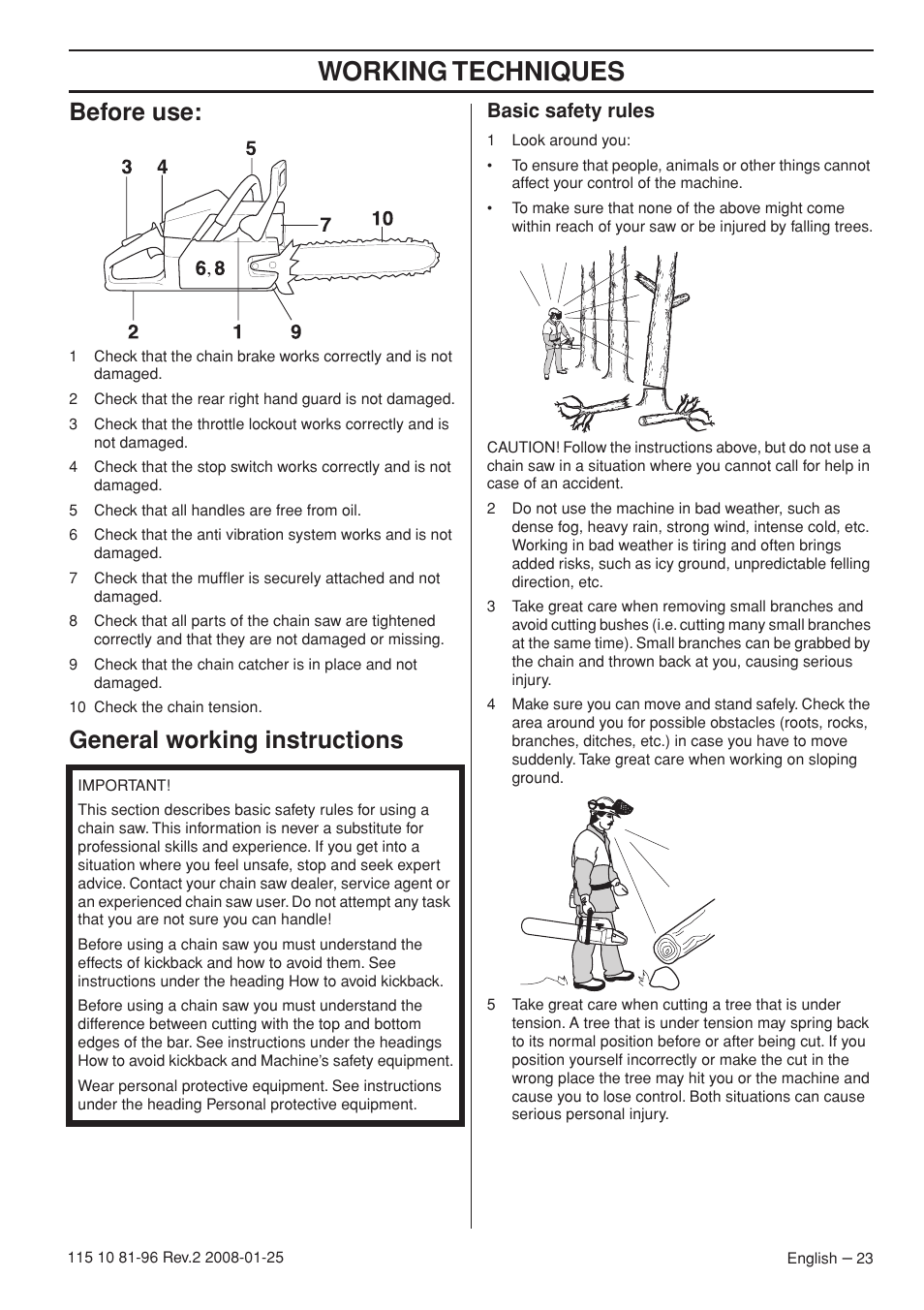 Before use, General working instructions, Basic safety rules | Working techniques | Husqvarna 445 EPA II User Manual | Page 23 / 88