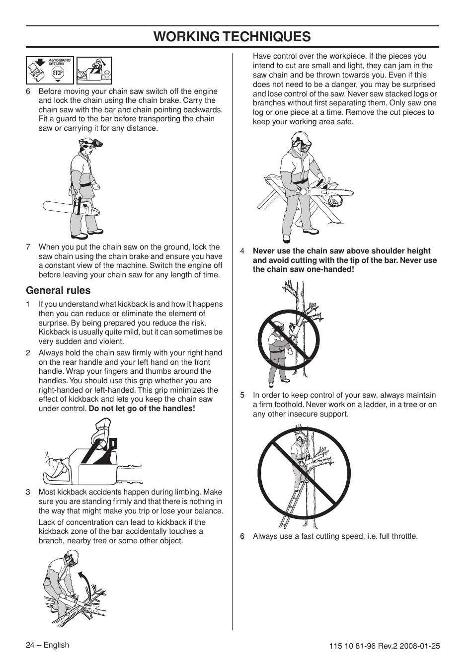 General rules, Working techniques | Husqvarna 445 EPA II User Manual | Page 24 / 88