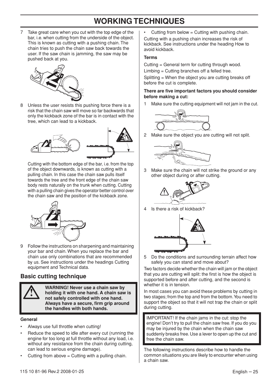 Basic cutting technique, Working techniques | Husqvarna 445 EPA II User Manual | Page 25 / 88