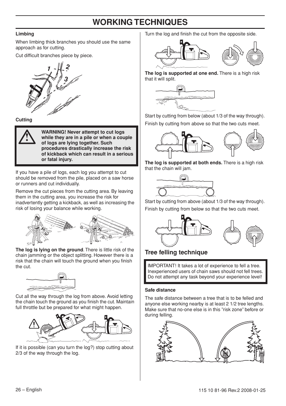 Tree felling technique, Working techniques | Husqvarna 445 EPA II User Manual | Page 26 / 88