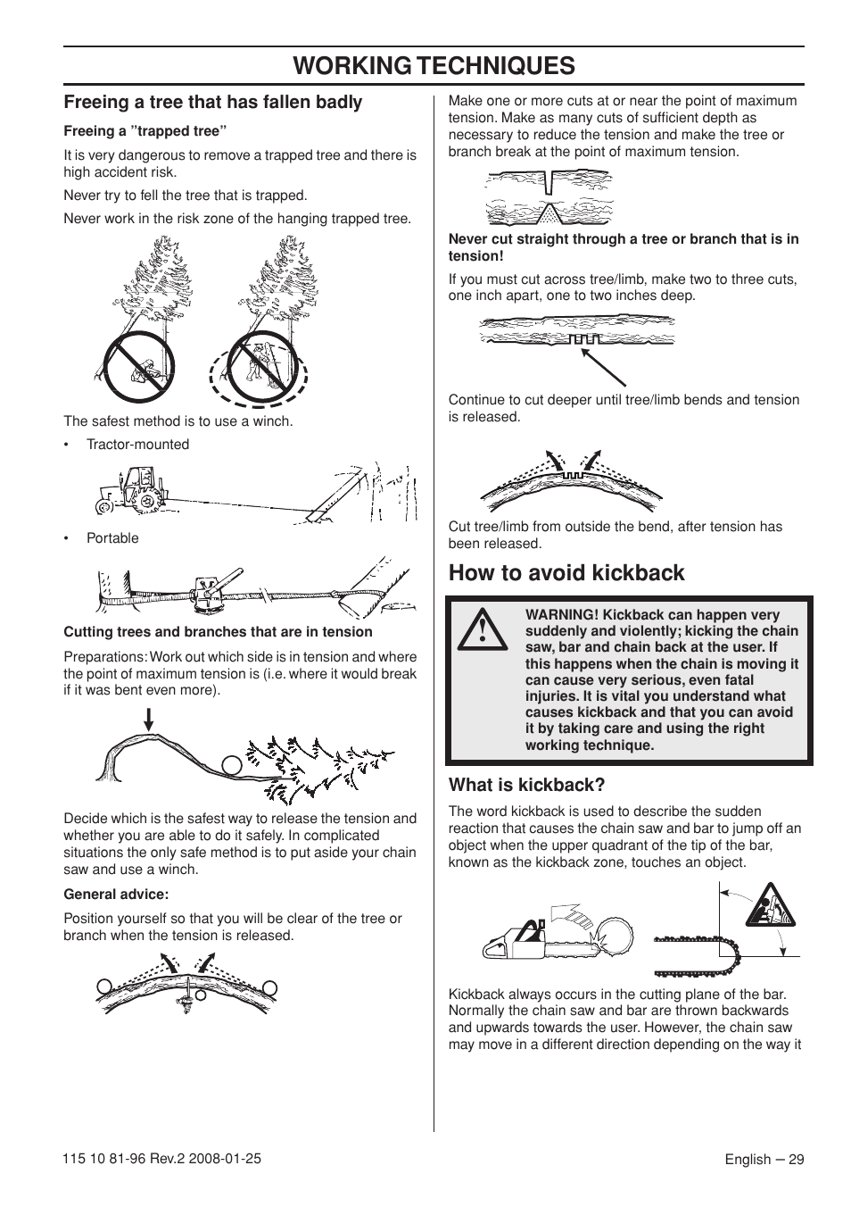 Freeing a tree that has fallen badly, How to avoid kickback, What is kickback | Working techniques | Husqvarna 445 EPA II User Manual | Page 29 / 88