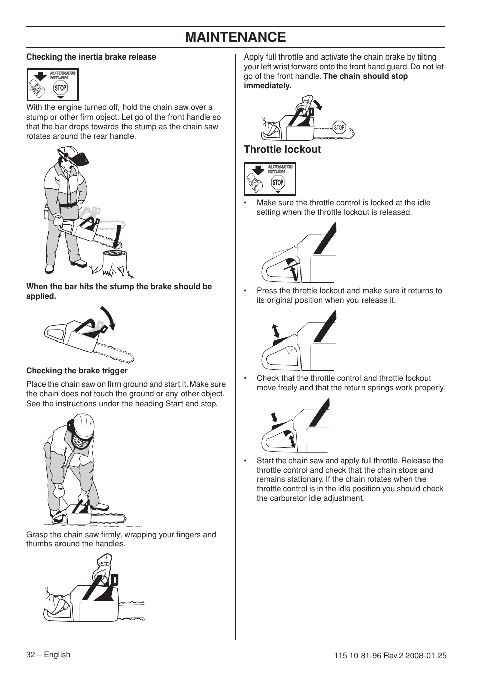 Throttle lockout, Maintenance | Husqvarna 445 EPA II User Manual | Page 32 / 88
