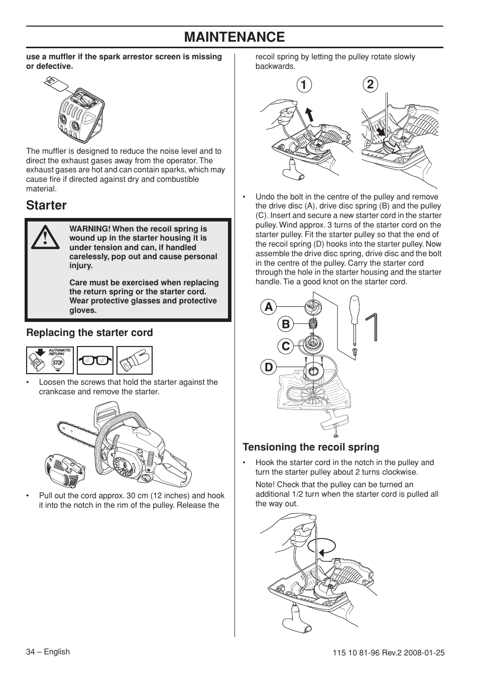 Starter, Replacing the starter cord, Tensioning the recoil spring | Maintenance | Husqvarna 445 EPA II User Manual | Page 34 / 88