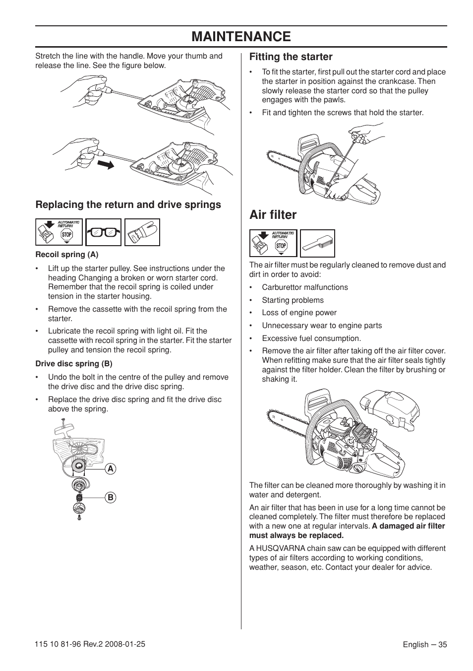 Replacing the return and drive springs, Fitting the starter, Air filter | Maintenance | Husqvarna 445 EPA II User Manual | Page 35 / 88