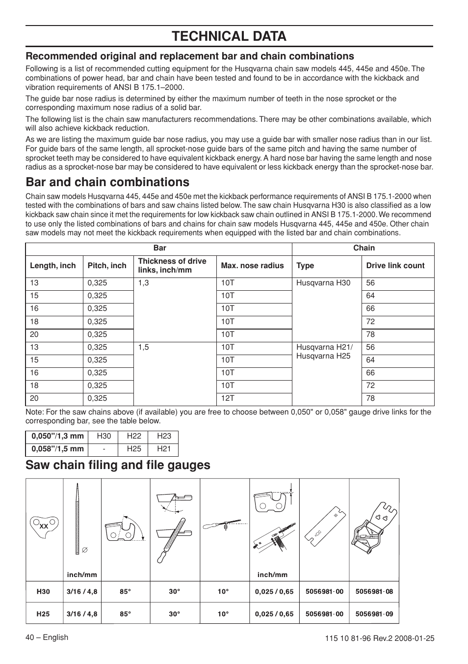 Bar and chain combinations, Saw chain filing and file gauges, Technical data | Husqvarna 445 EPA II User Manual | Page 40 / 88