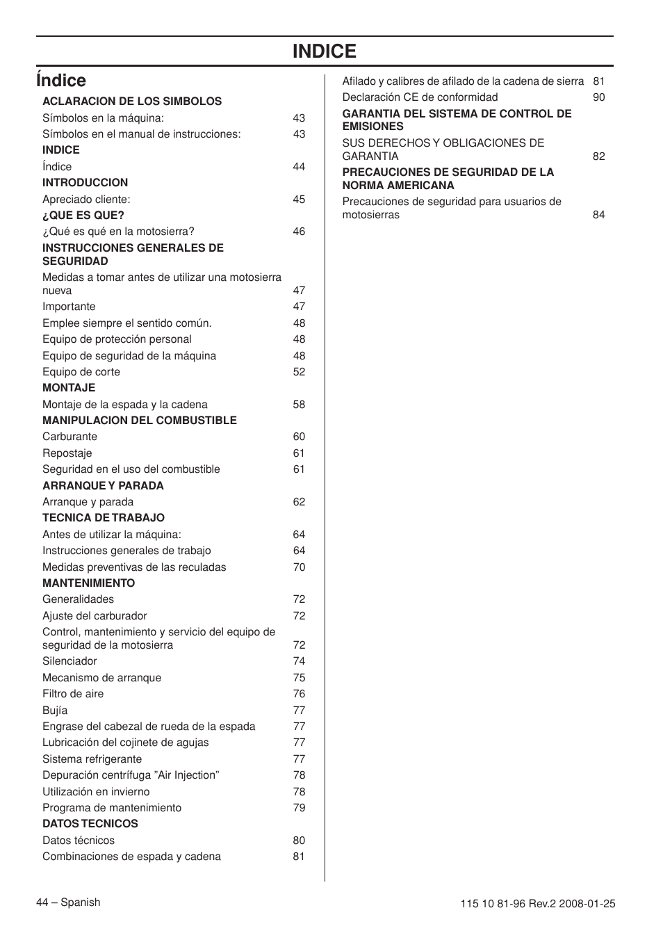 Índice, Indice | Husqvarna 445 EPA II User Manual | Page 44 / 88