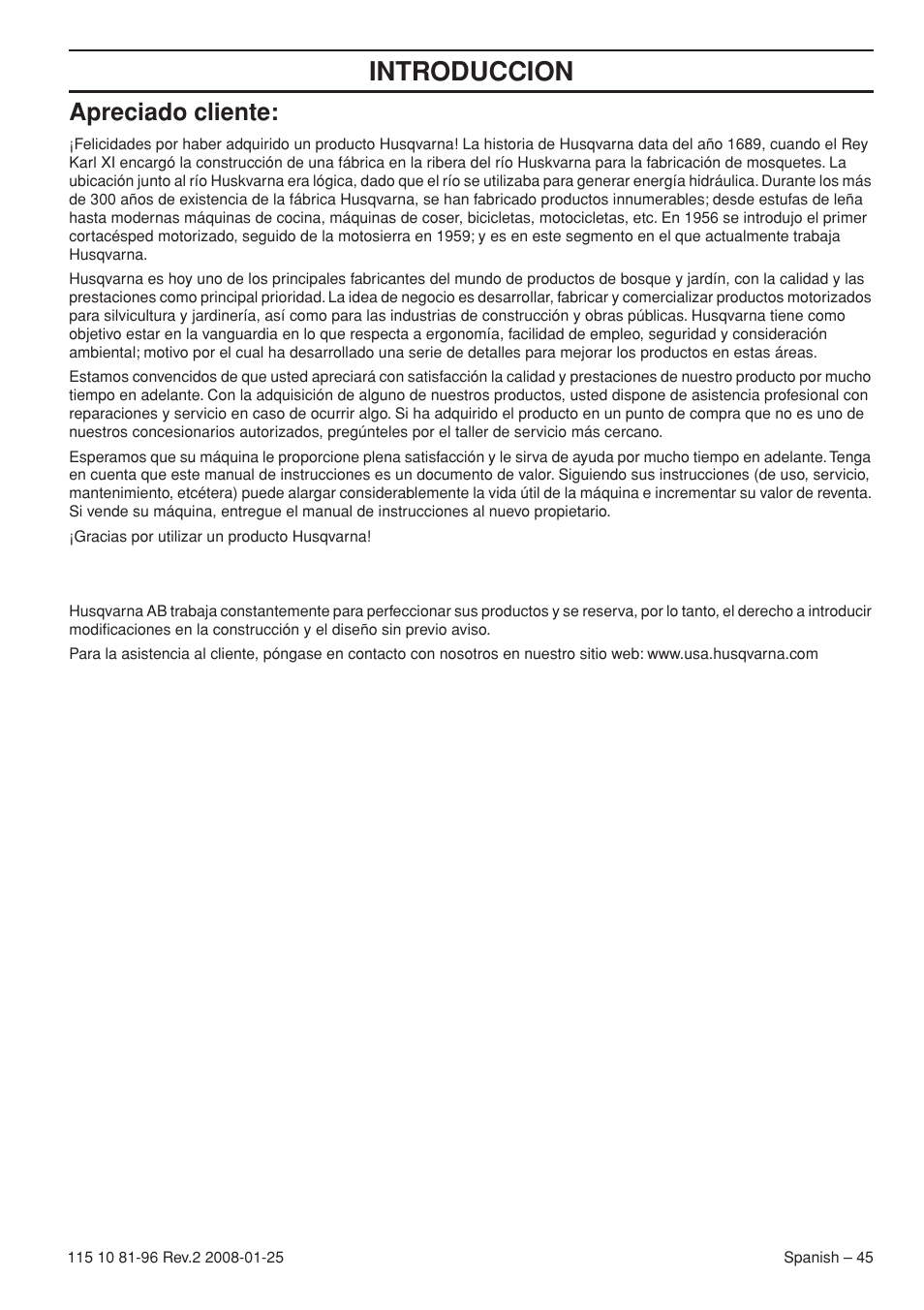 Apreciado cliente, Introduccion | Husqvarna 445 EPA II User Manual | Page 45 / 88
