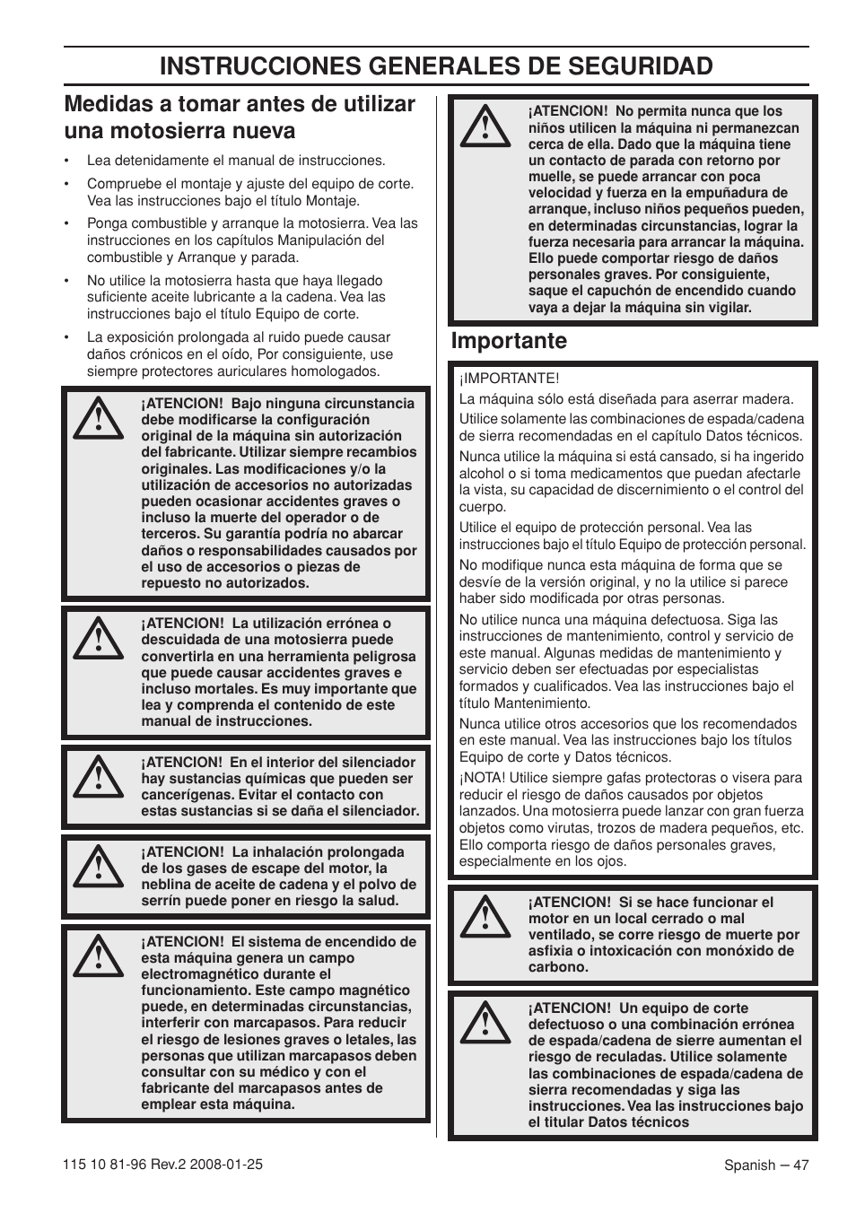Importante, Instrucciones generales de seguridad | Husqvarna 445 EPA II User Manual | Page 47 / 88