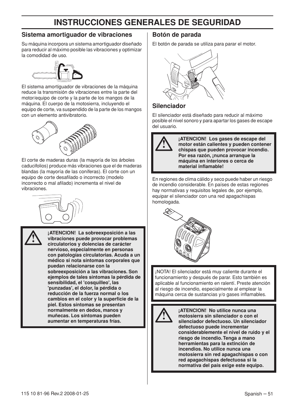 Sistema amortiguador de vibraciones, Botón de parada, Silenciador | Instrucciones generales de seguridad | Husqvarna 445 EPA II User Manual | Page 51 / 88
