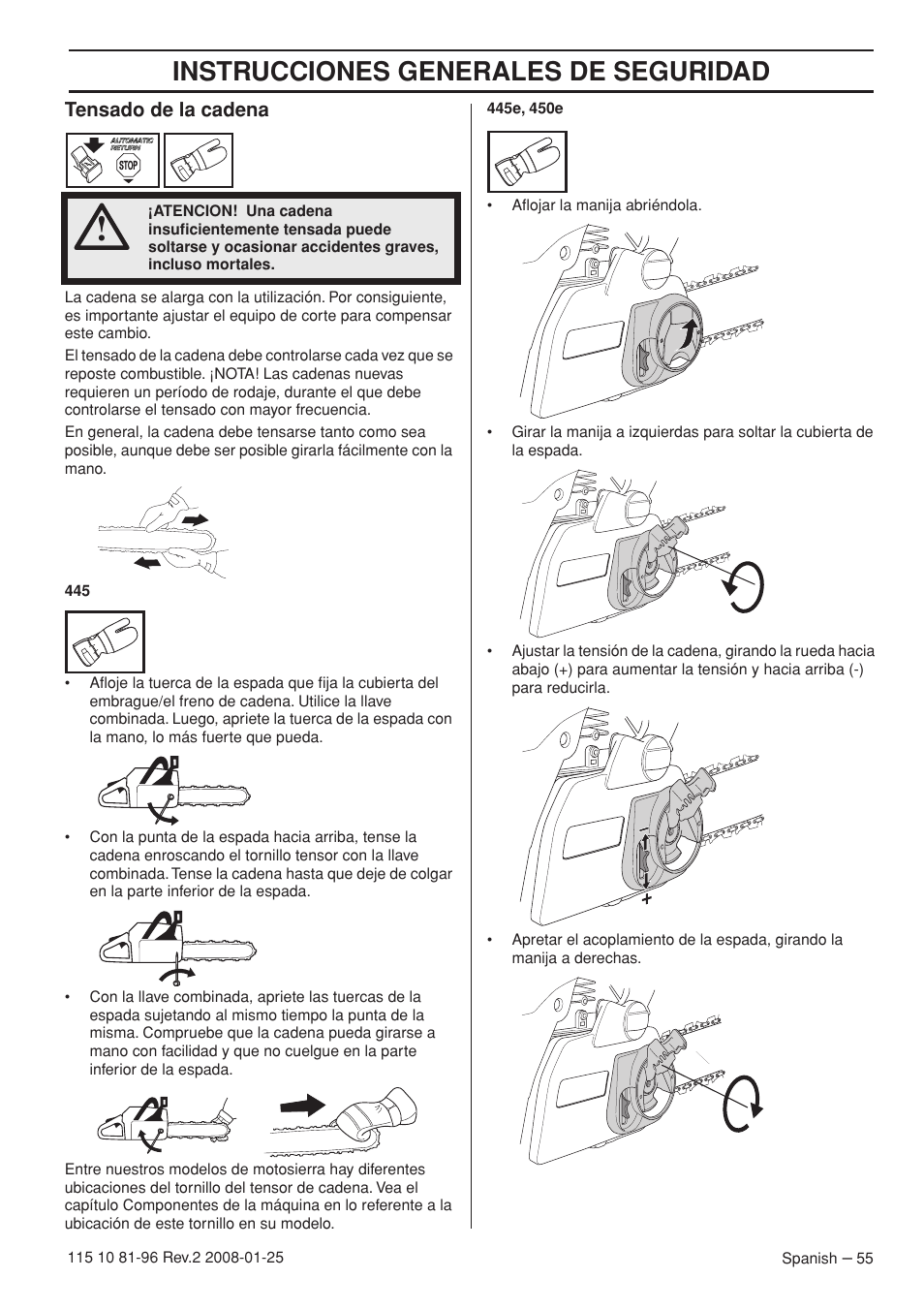 Tensado de la cadena, Instrucciones generales de seguridad | Husqvarna 445 EPA II User Manual | Page 55 / 88