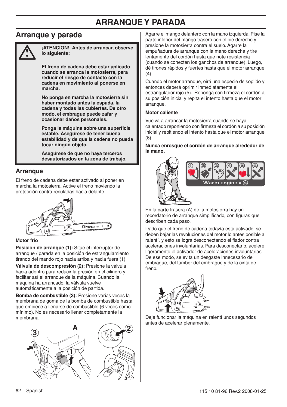 Arranque y parada, Arranque, 2a 3 1 | Husqvarna 445 EPA II User Manual | Page 62 / 88