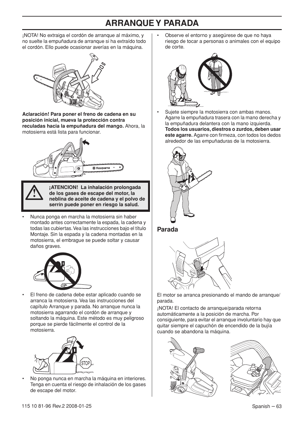 Parada, Arranque y parada | Husqvarna 445 EPA II User Manual | Page 63 / 88