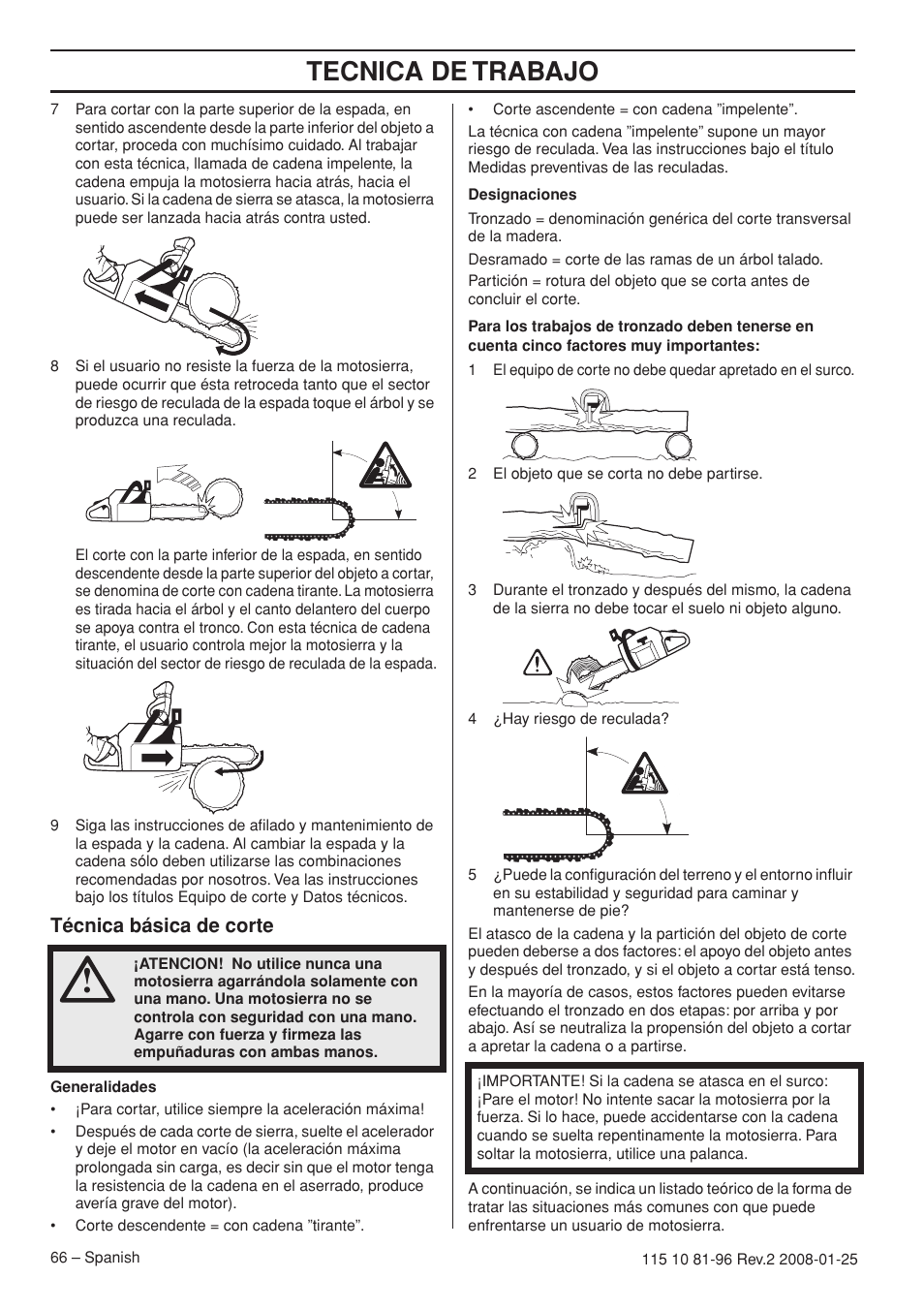 Técnica básica de corte, Tecnica de trabajo | Husqvarna 445 EPA II User Manual | Page 66 / 88