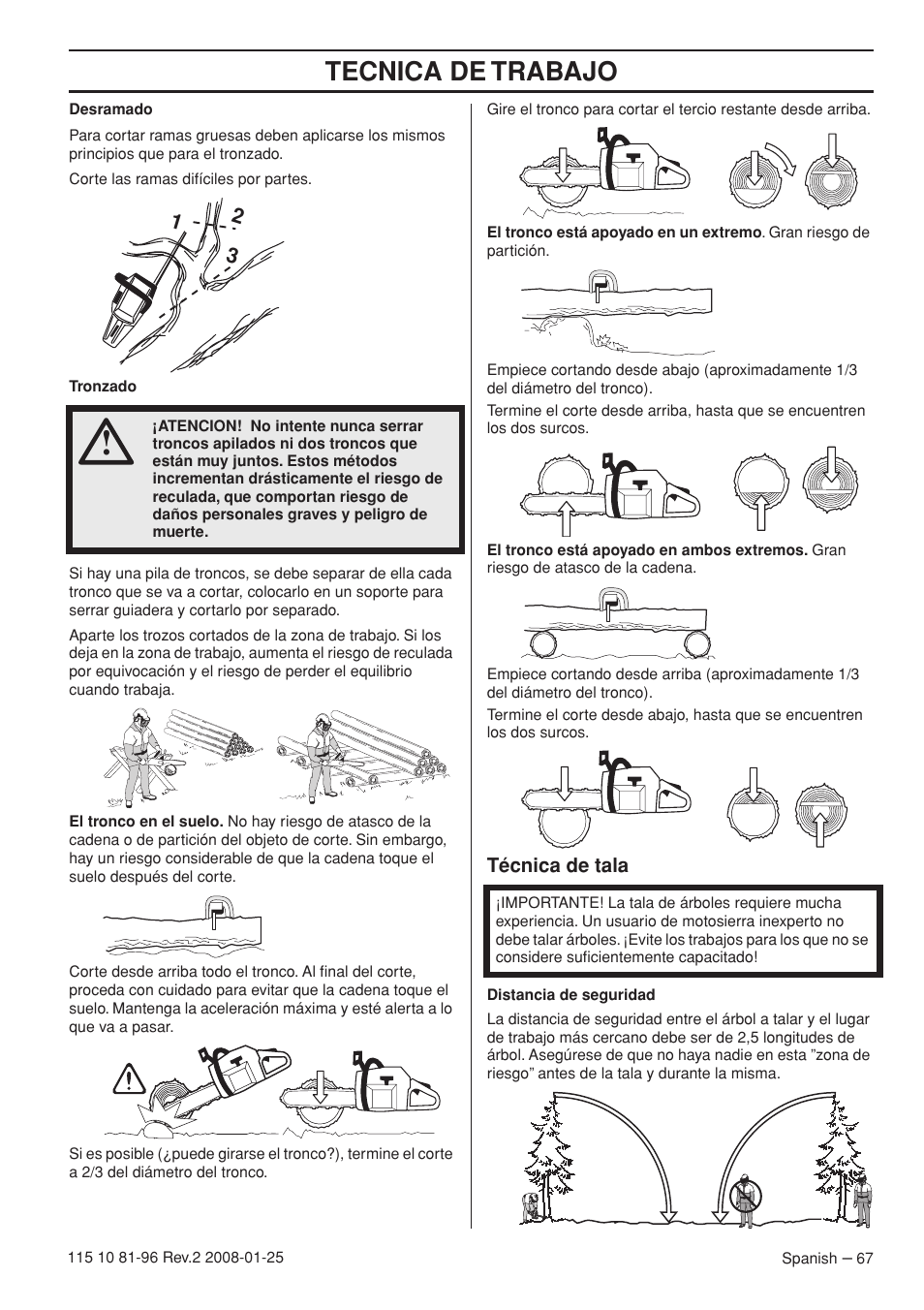 Técnica de tala, Tecnica de trabajo | Husqvarna 445 EPA II User Manual | Page 67 / 88