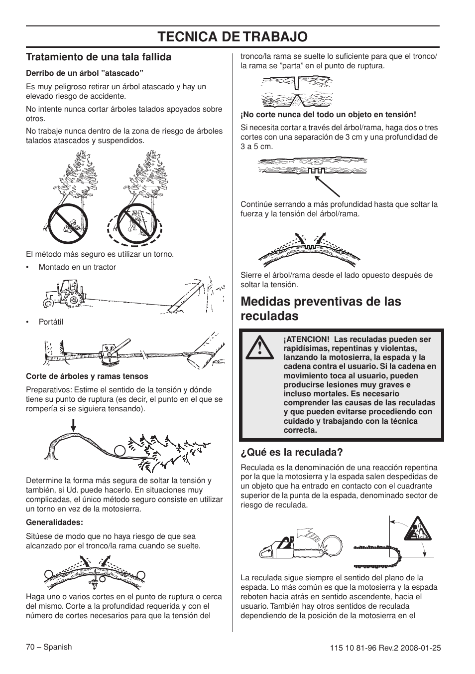Tratamiento de una tala fallida, Medidas preventivas de las reculadas, Qué es la reculada | Tecnica de trabajo | Husqvarna 445 EPA II User Manual | Page 70 / 88
