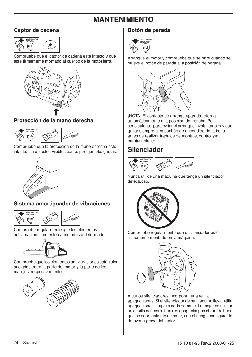 Captor de cadena, Protección de la mano derecha, Sistema amortiguador de vibraciones | Botón de parada, Silenciador, Mantenimiento | Husqvarna 445 EPA II User Manual | Page 74 / 88