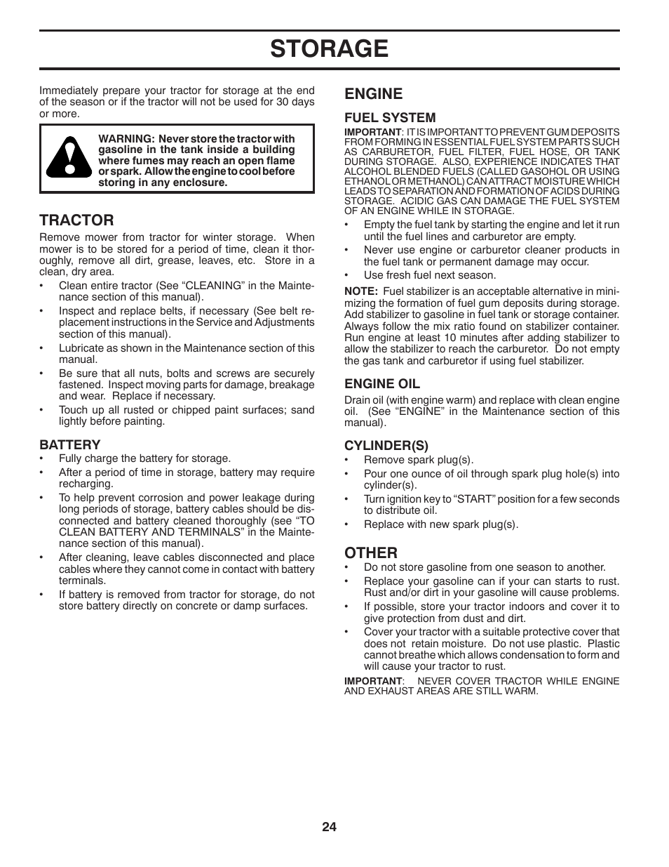 Storage, Tractor, Engine | Other | Husqvarna 2246LS User Manual | Page 24 / 44