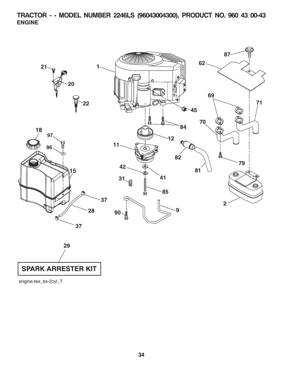 Engine, Spark arrester kit | Husqvarna 2246LS User Manual | Page 34 / 44