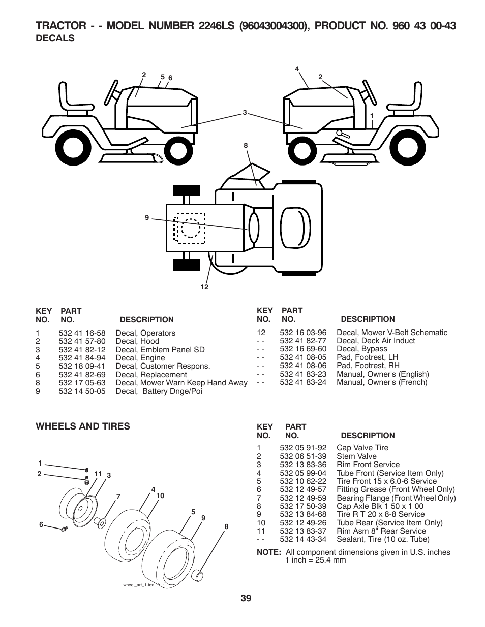 Decals, Wheels and tires | Husqvarna 2246LS User Manual | Page 39 / 44