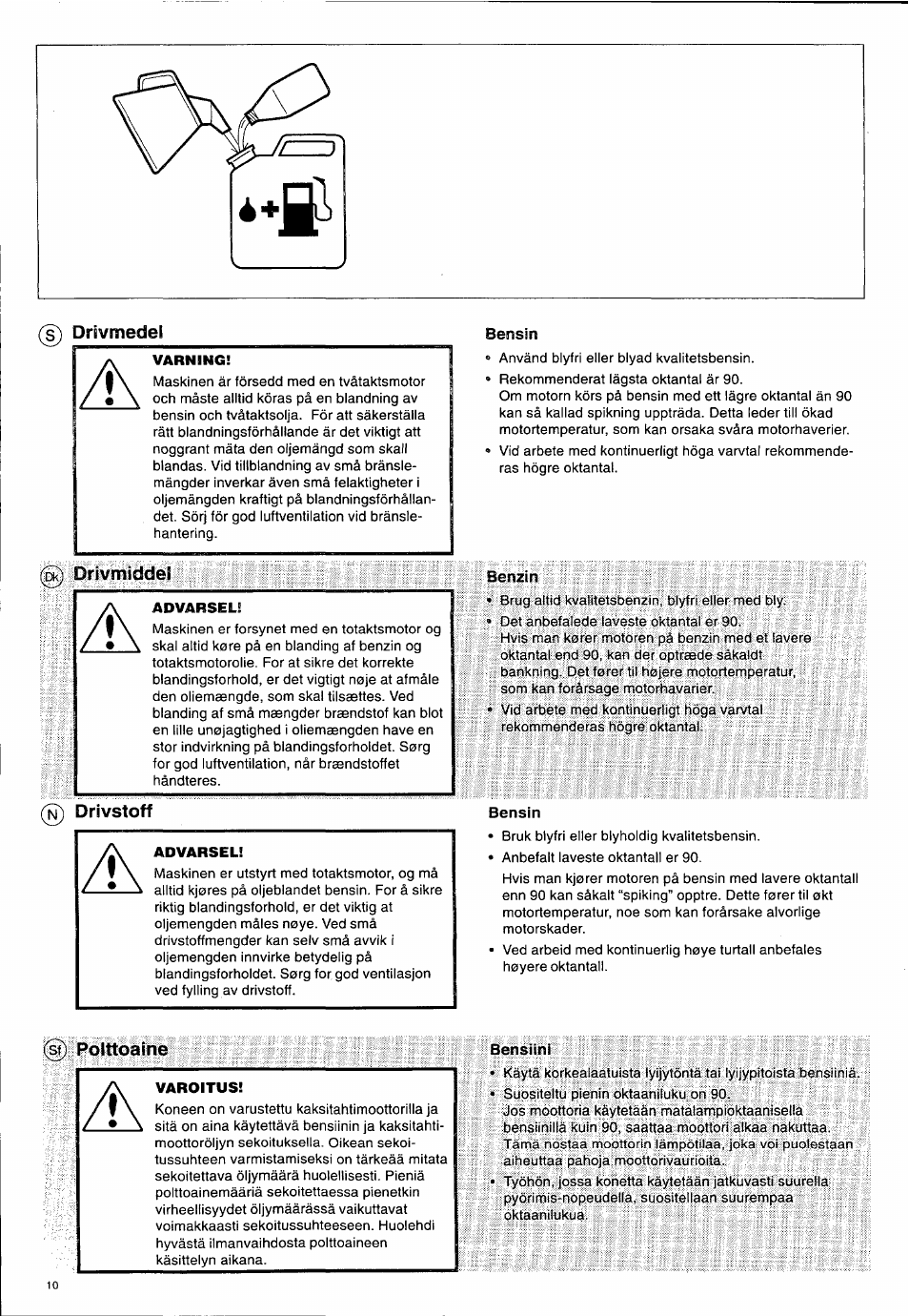 Drivmedei, N) drivstoff, Bensìn | Benzin, Bensin, Sf) polttoaine, Bensiini, Drivmedel, Drivstoff, Drivmedei drivmiddel | Husqvarna 140 B User Manual | Page 11 / 46