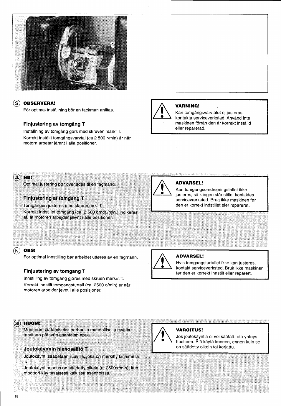 S) observera, Finjustering av tomgâng t, Finjustering af tomgâng t | Varning, Advarsel, Finjustering av tomgang t | Husqvarna 140 B User Manual | Page 19 / 46