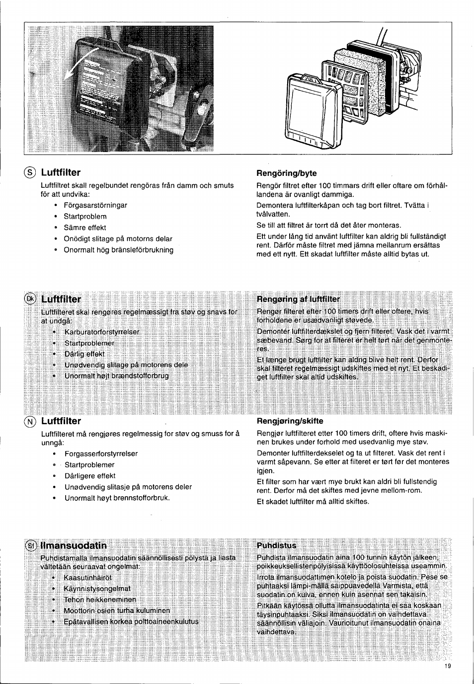 S) luftfilter, Rengöring/byte, Pk) luftfilter | Rengbring af luftfilter, N) luftfilter, Rengjoring/skifte, Ü llmansuodatin, Puhdistus, Luftfilter, Llmansuodatin | Husqvarna 140 B User Manual | Page 20 / 46