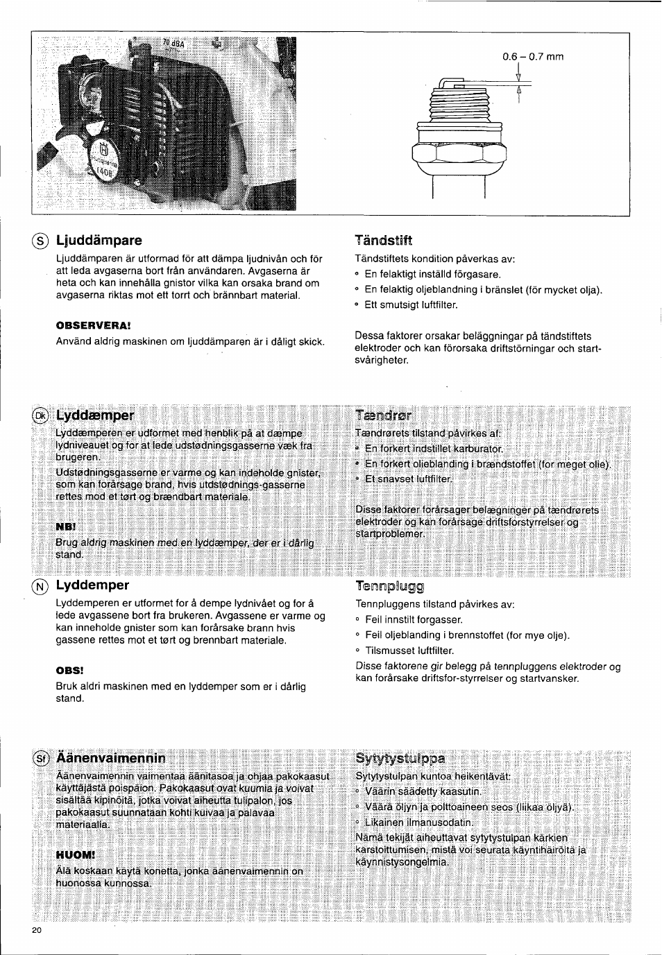 S) ljuddampare, F%) lyddsbmper, Lyddemper | Ljuddämpare, Lyddeemper, Tändstift, Sf) äänenvaimennln | Husqvarna 140 B User Manual | Page 21 / 46