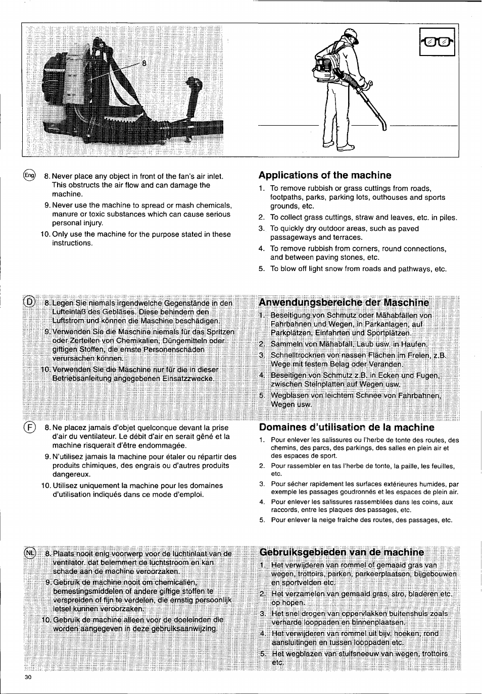 Applications of the machine, Anwendungsbereiche der maschine, Domaines d’utilisation de ia machine | Gebruiksgebieden van de machine, Einsatzbereiche der maschine | Husqvarna 140 B User Manual | Page 31 / 46