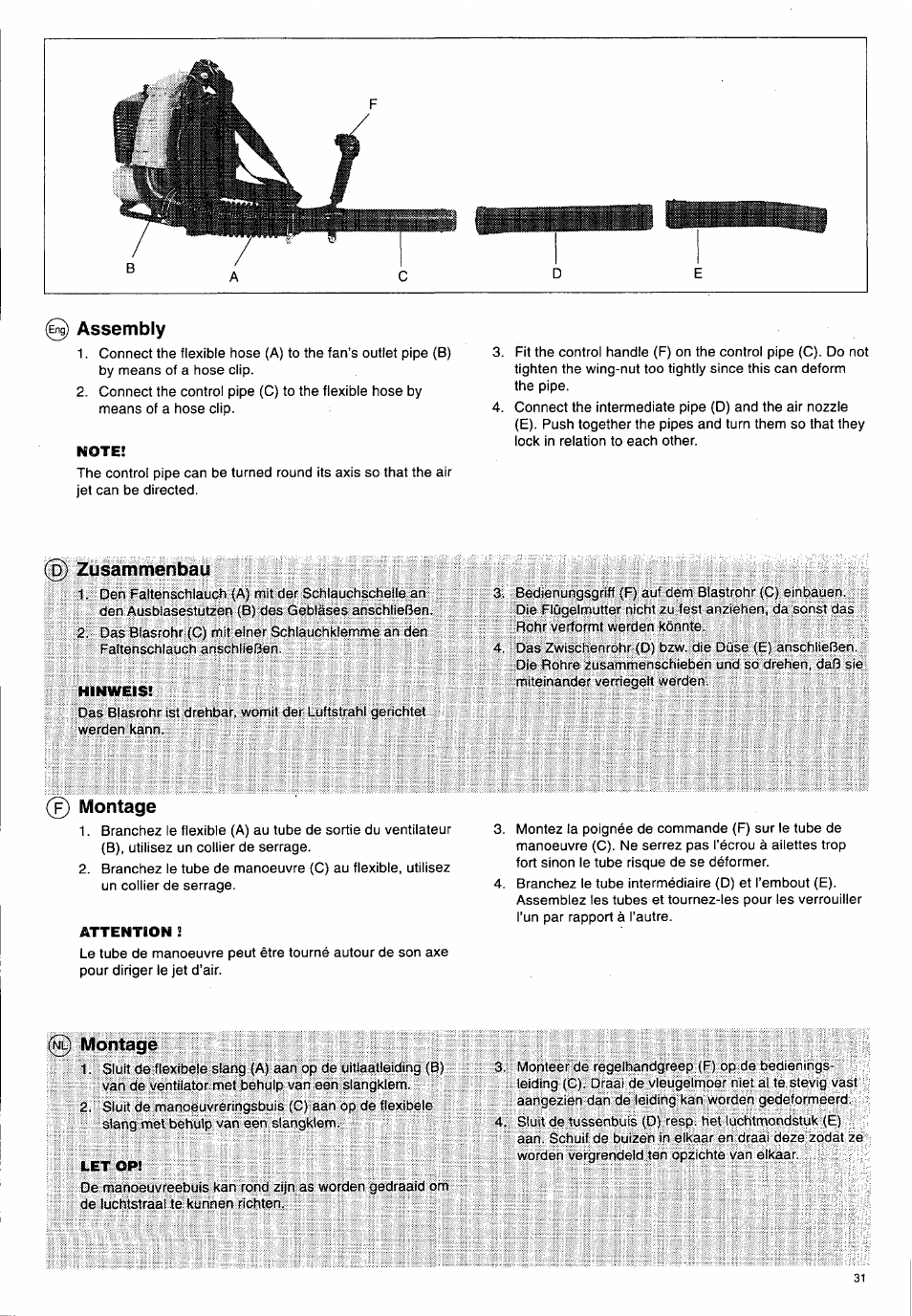 6) assembly, P) zusammenbau, Montage | Nl) montage, Assembly, Zusammenbau | Husqvarna 140 B User Manual | Page 32 / 46