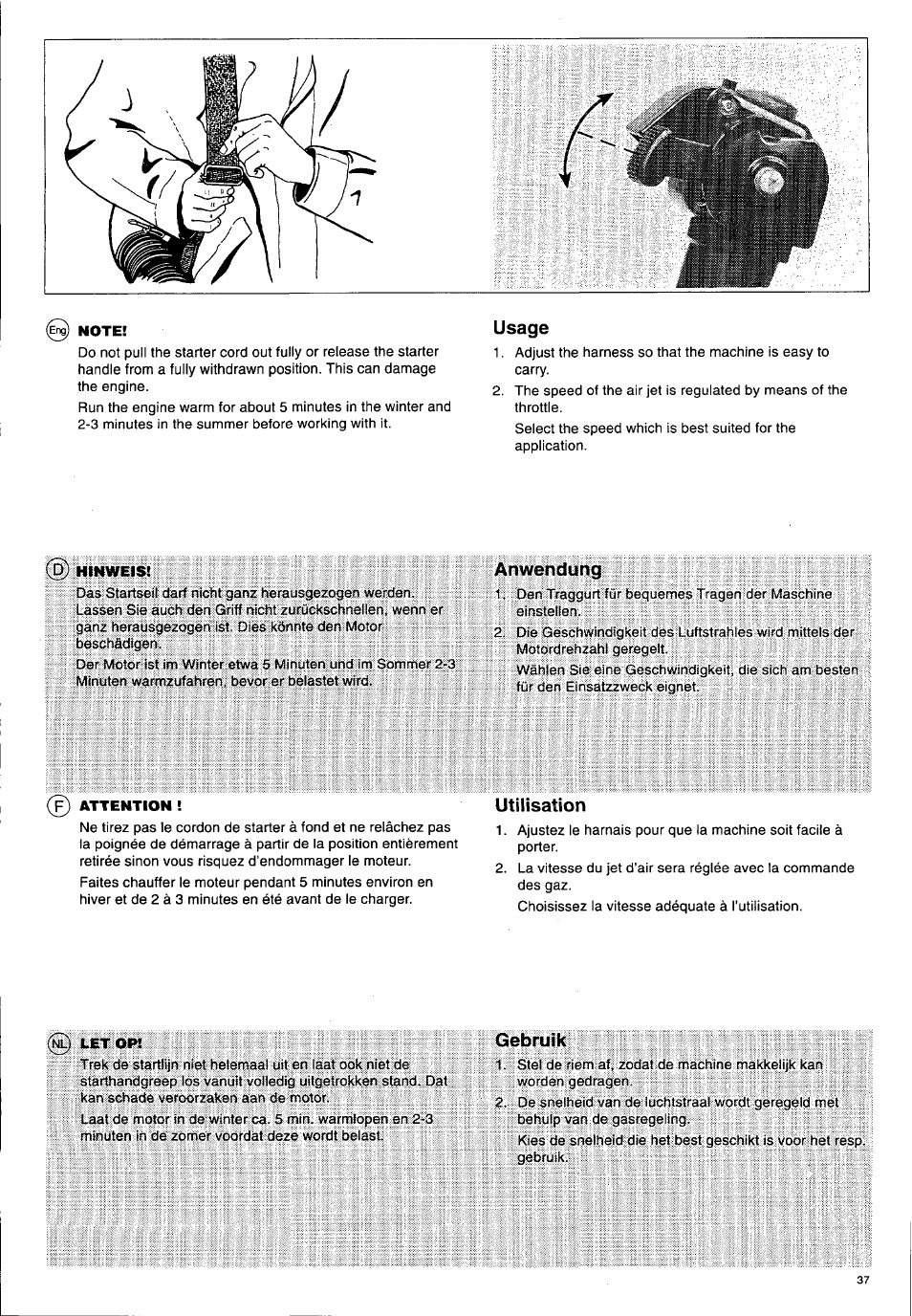 Usage, Anwendung, Utilisation | Gebruik | Husqvarna 140 B User Manual | Page 38 / 46