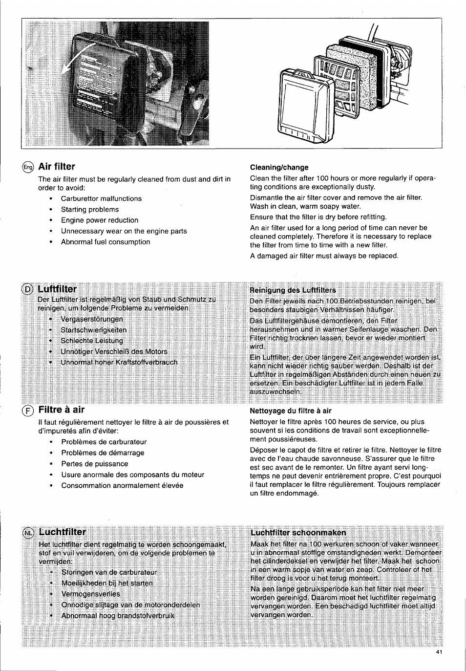 0 air filter, Luftfilter, Filtre à air | Reinigung des luftfilters, Luchtfilter, Luchtf liter schoonmaken, Air filter | Husqvarna 140 B User Manual | Page 42 / 46