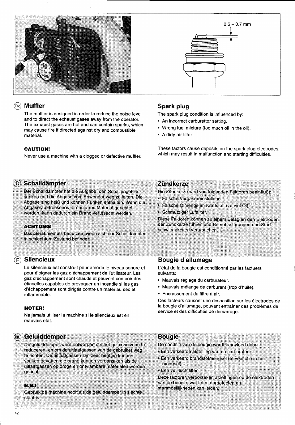 Muffler, Spark plug, Zündkerze | Bougie d’allumage, Geluiddemper, Bougie, Caution, Schalldämpfer, 0 silencieux | Husqvarna 140 B User Manual | Page 43 / 46