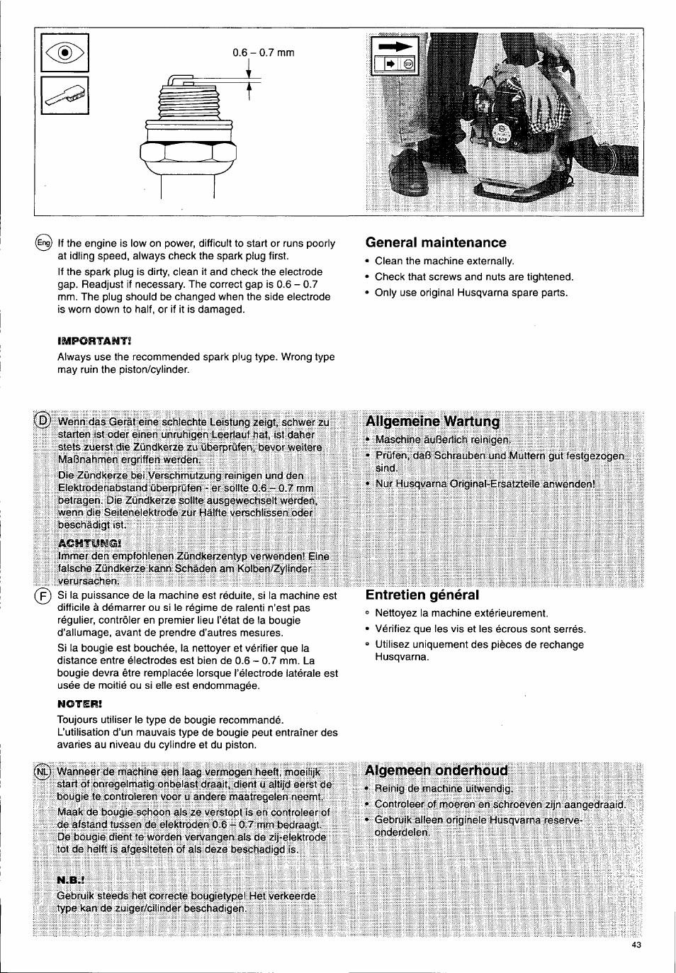 General maintenance, Allgemeine wartung, Entretien général | Algemeen onderhoud, Ismportai^t | Husqvarna 140 B User Manual | Page 44 / 46