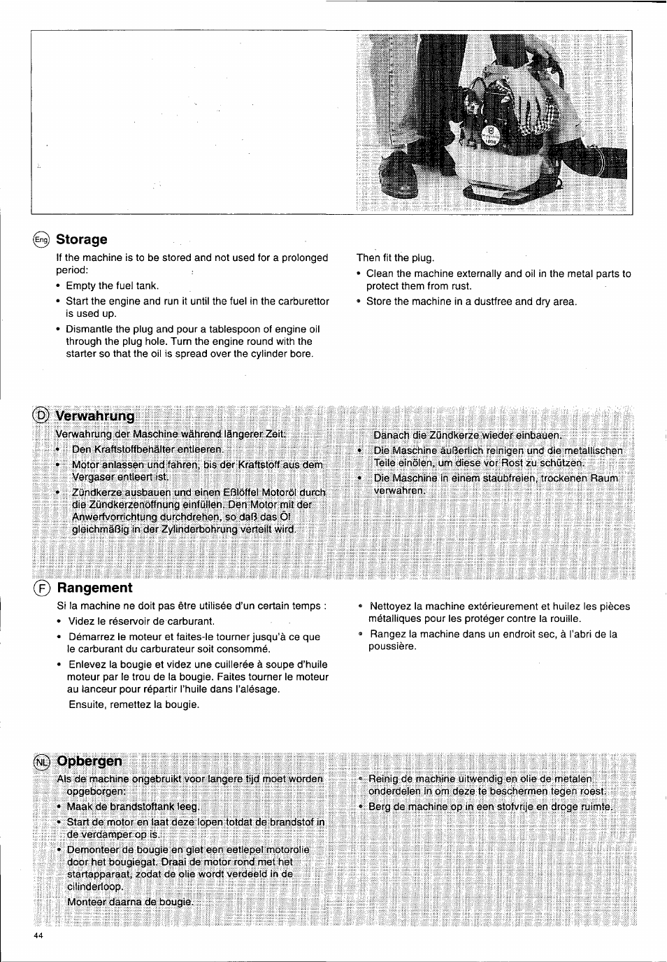 Storage, Verwahrung, Rangement | Opbergen | Husqvarna 140 B User Manual | Page 45 / 46