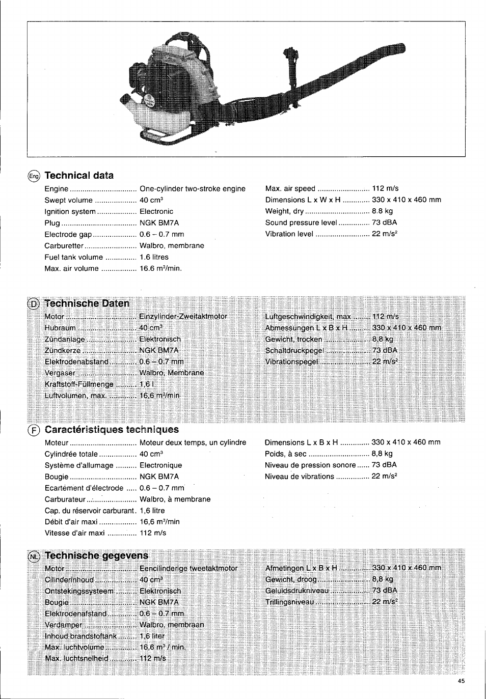 B^ technical data, P) technische daten, 0 caractéristiques techniques | 0 technische gegevens, Technical data, Technische daten, Caractéristiques techniques, Technische gegevens | Husqvarna 140 B User Manual | Page 46 / 46