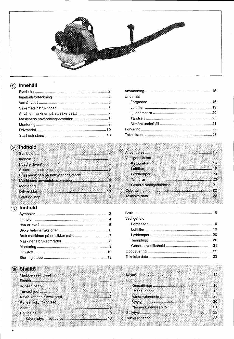 Innehâli, Indhotd, Innhold | Sisâltô | Husqvarna 140 B User Manual | Page 5 / 46